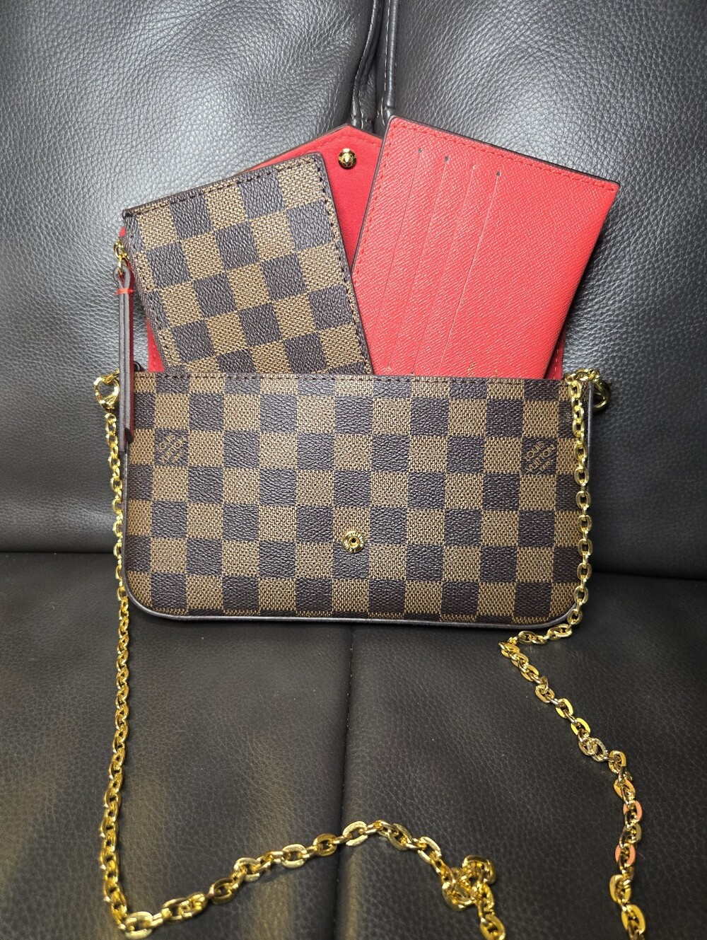 Designer-Inspired Brown Check Crossbody Bag with Red Interior (3 Pcs)